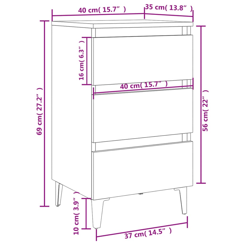 vidaXL Comodino con Gambe in Metallo Rovere Sonoma 40x35x69 cm