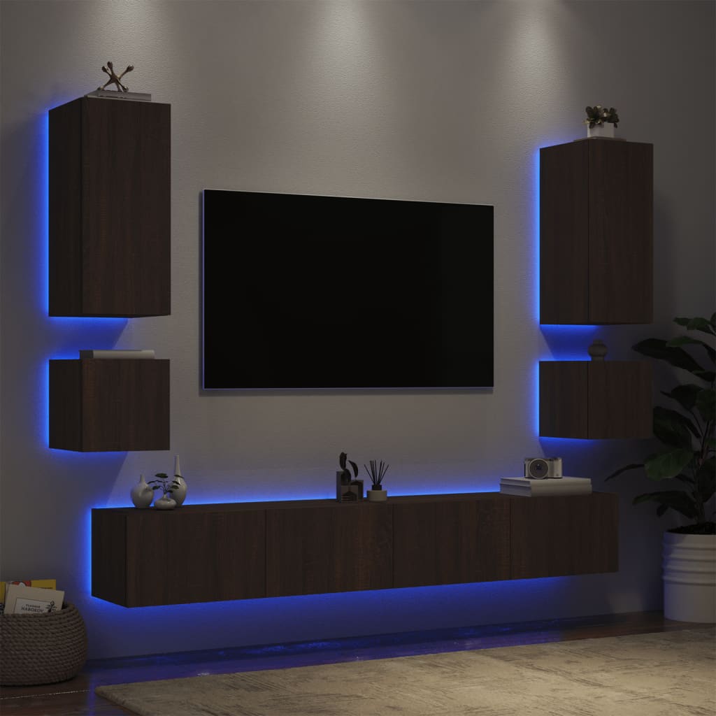 vidaXL Mobili TV a Muro 6pz con Luci LED Rovere Marrone