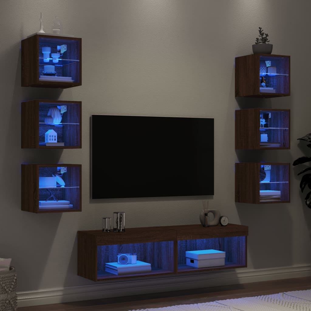vidaXL Mobili TV a Muro con LED 8pz Rovere Marrone Legno Multistrato