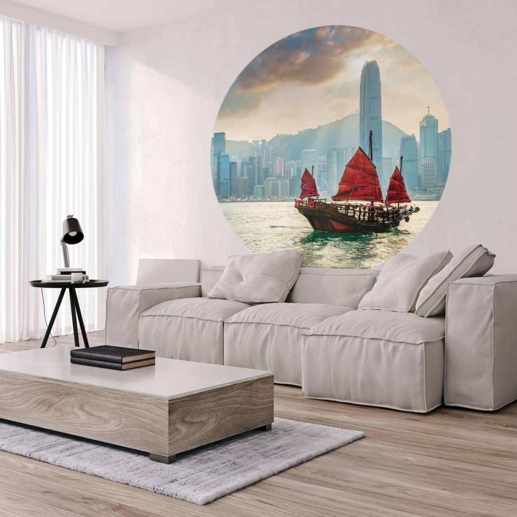 WallArt Cerchio Carta da Parati Skyline with Junk Boat 142,5 cm