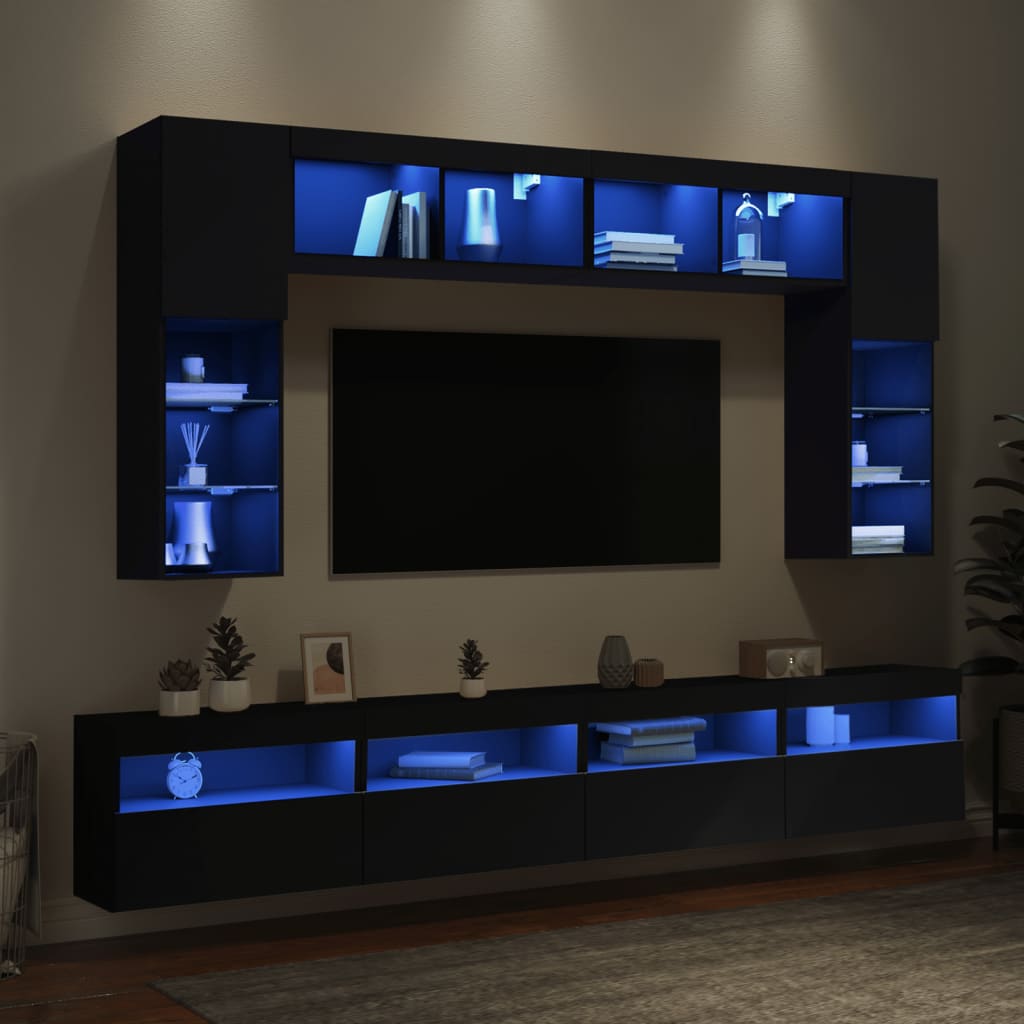 vidaXL Set Mobili TV a Muro 8 pz con Luci LED Nero