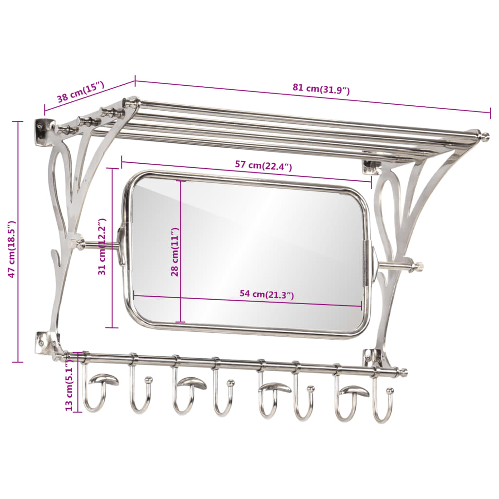 vidaXL Portapacchi con Appendiabiti e Specchio a Parete in Alluminio