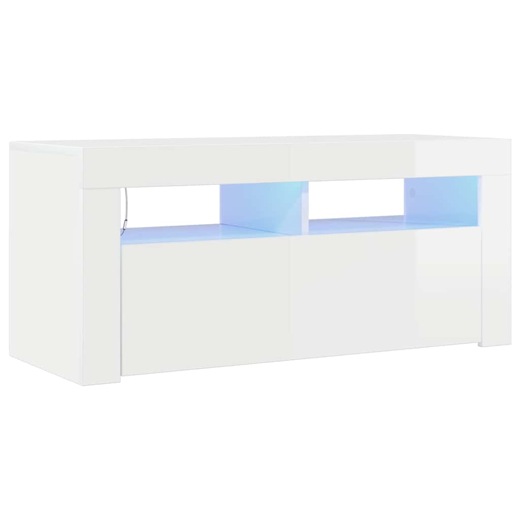 Mobile Porta TV Con Luci LED RGB - 90x35x40 Cm, Legno Multistrato, Bianco Lucido, 4 Scomparti, Con USB (Alimentatore Non Incluso)