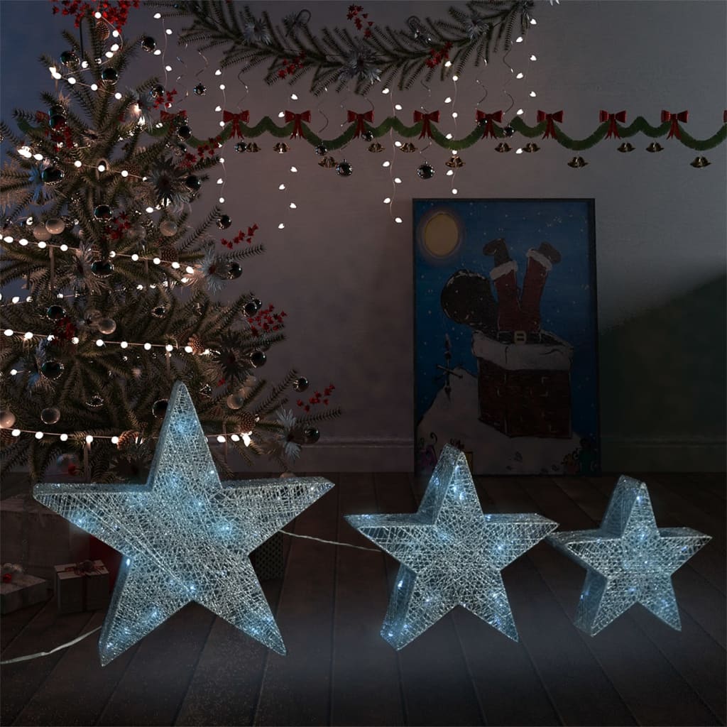 vidaXL Decorazioni Natale Stelle 3 pz Argento Rete LED Interni Esterni