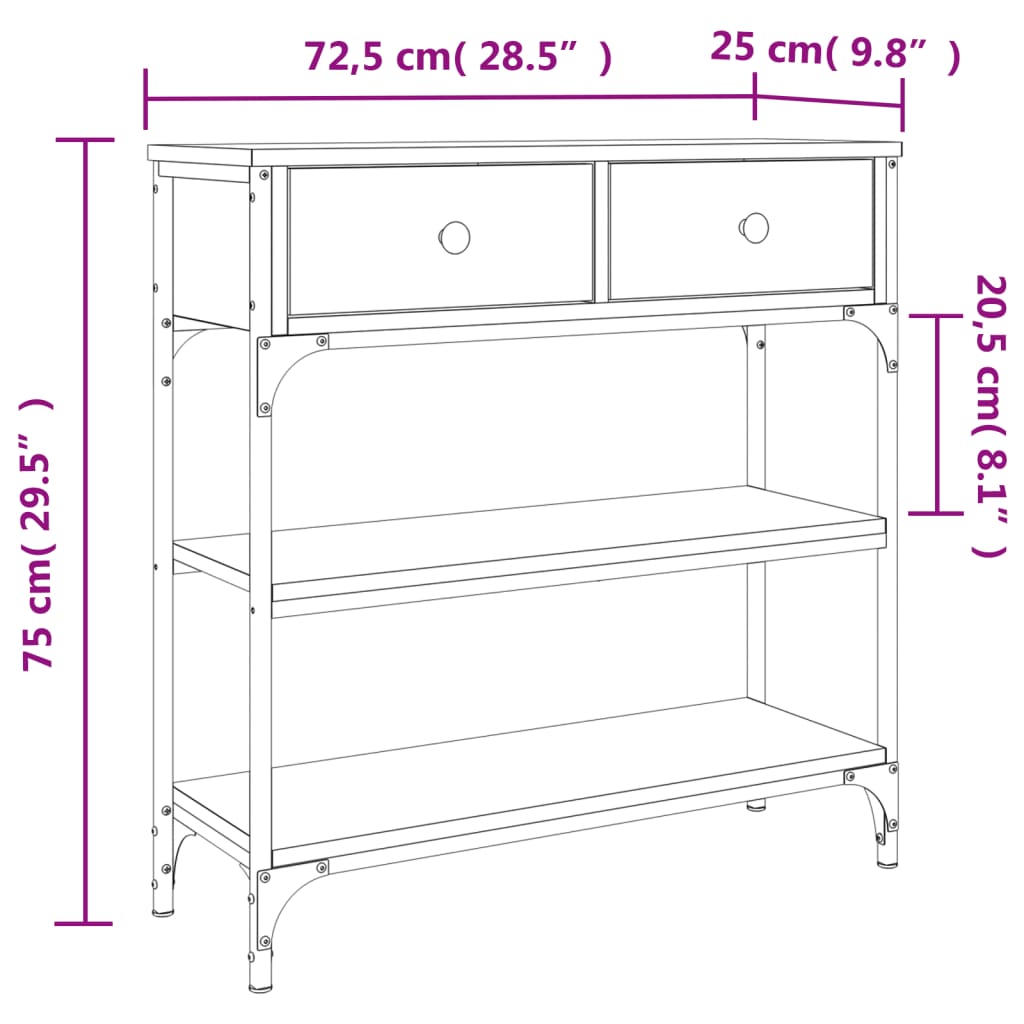 vidaXL Tavolino Consolle Grigio Sonoma 72,5x25x75 cm Legno Multistrato