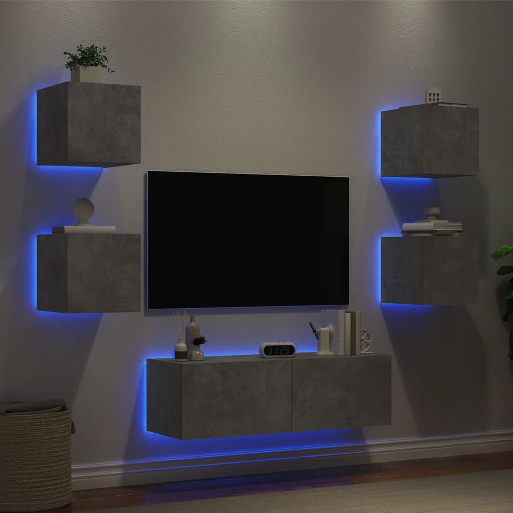 vidaXL Mobili TV a Muro 5pz con Luci LED Grigio Cemento