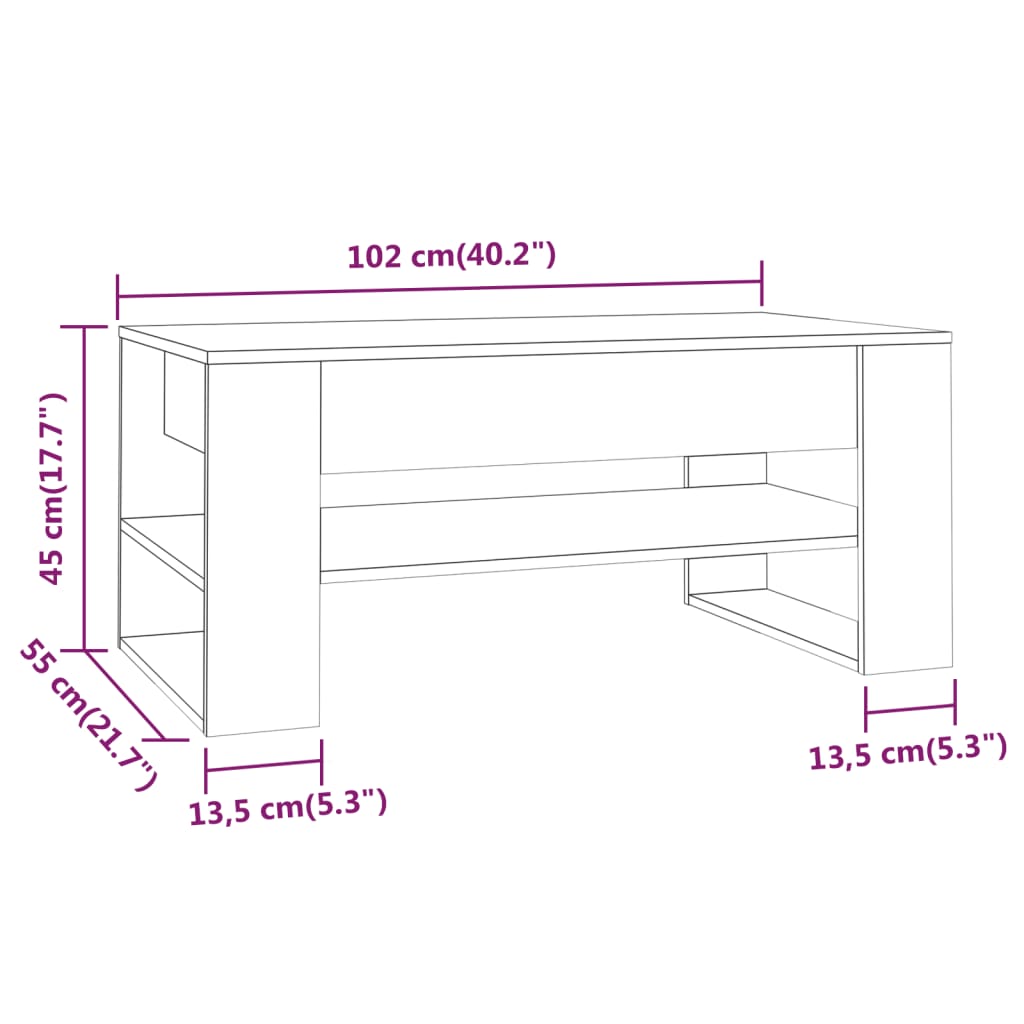 vidaXL Tavolino da Salotto Rovere Sonoma 102x55x45cm Legno Multistrato