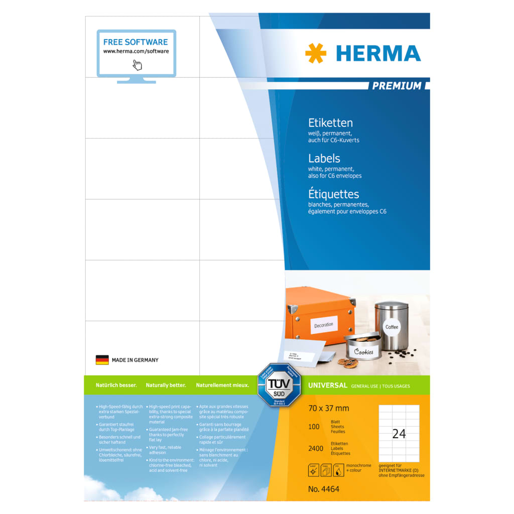 HERMA Etichette Permanenti PREMIUM A4 70x37 mm 100 Fogli