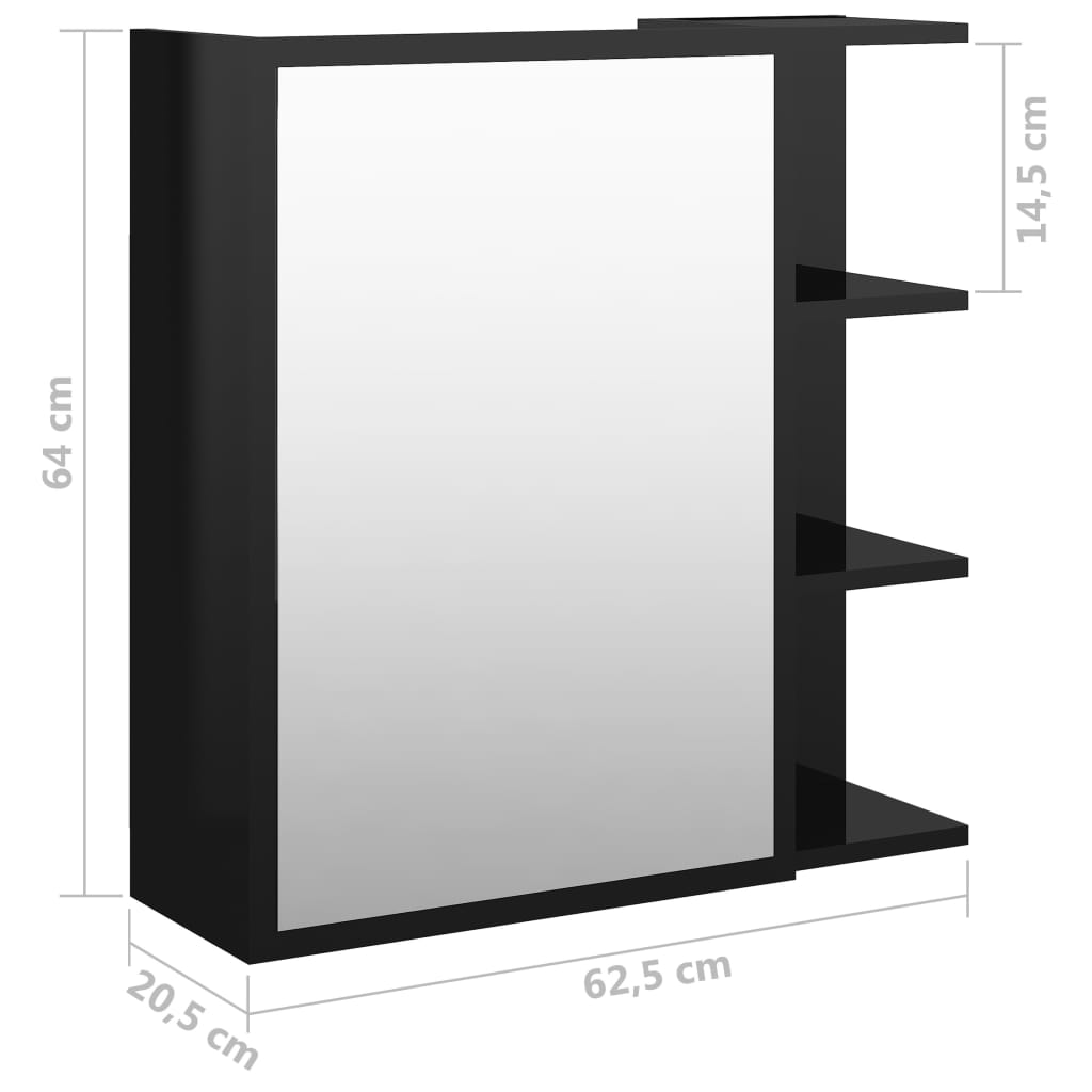vidaXL Mobile Bagno Specchio Nero Lucido 62,5x20,5x64cm Multistrato
