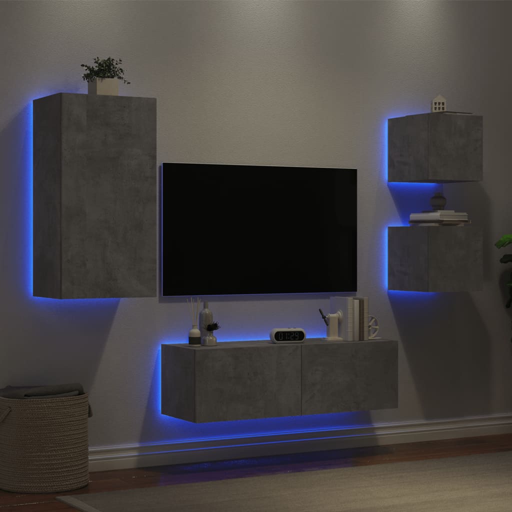 vidaXL Mobili TV a Muro 4pz con Luci LED Grigio Cemento