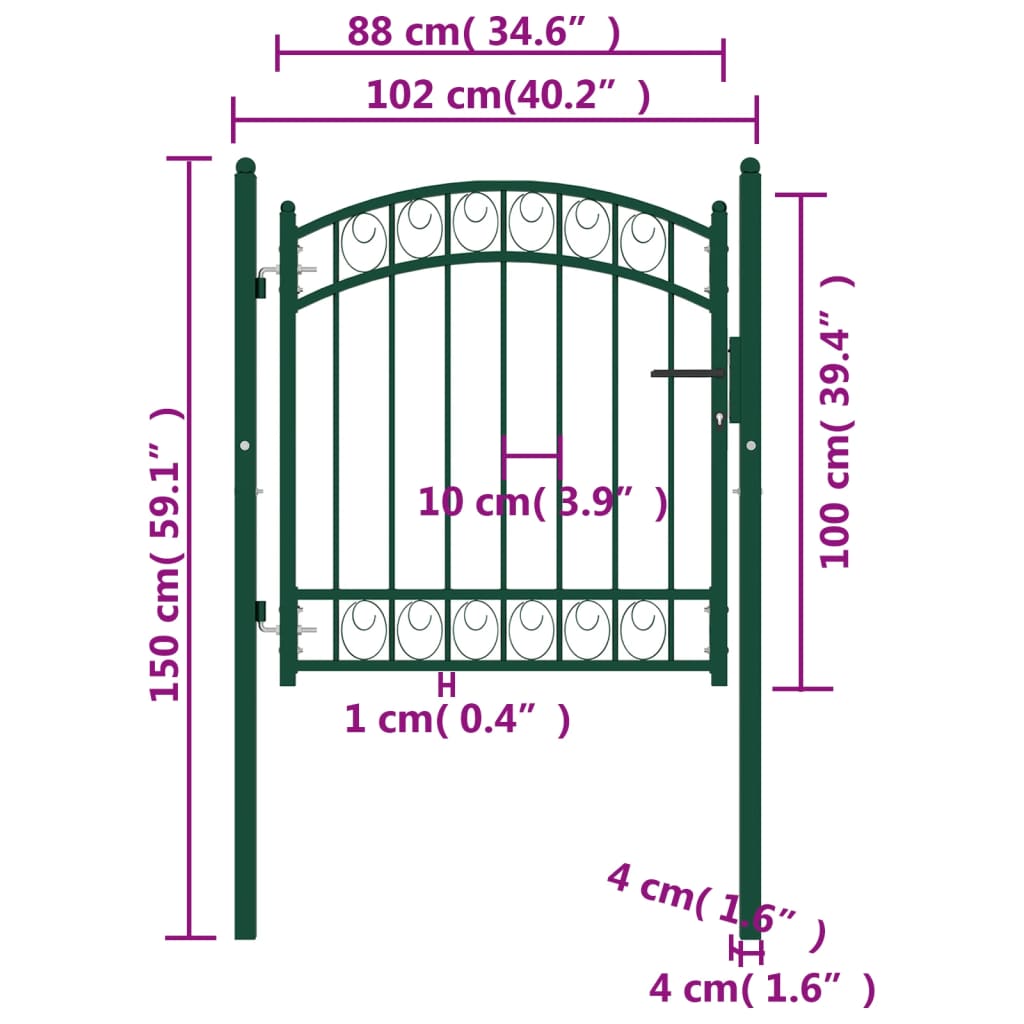 vidaXL Cancello per Recinzione ad Arco in Acciaio 100x100 cm Verde