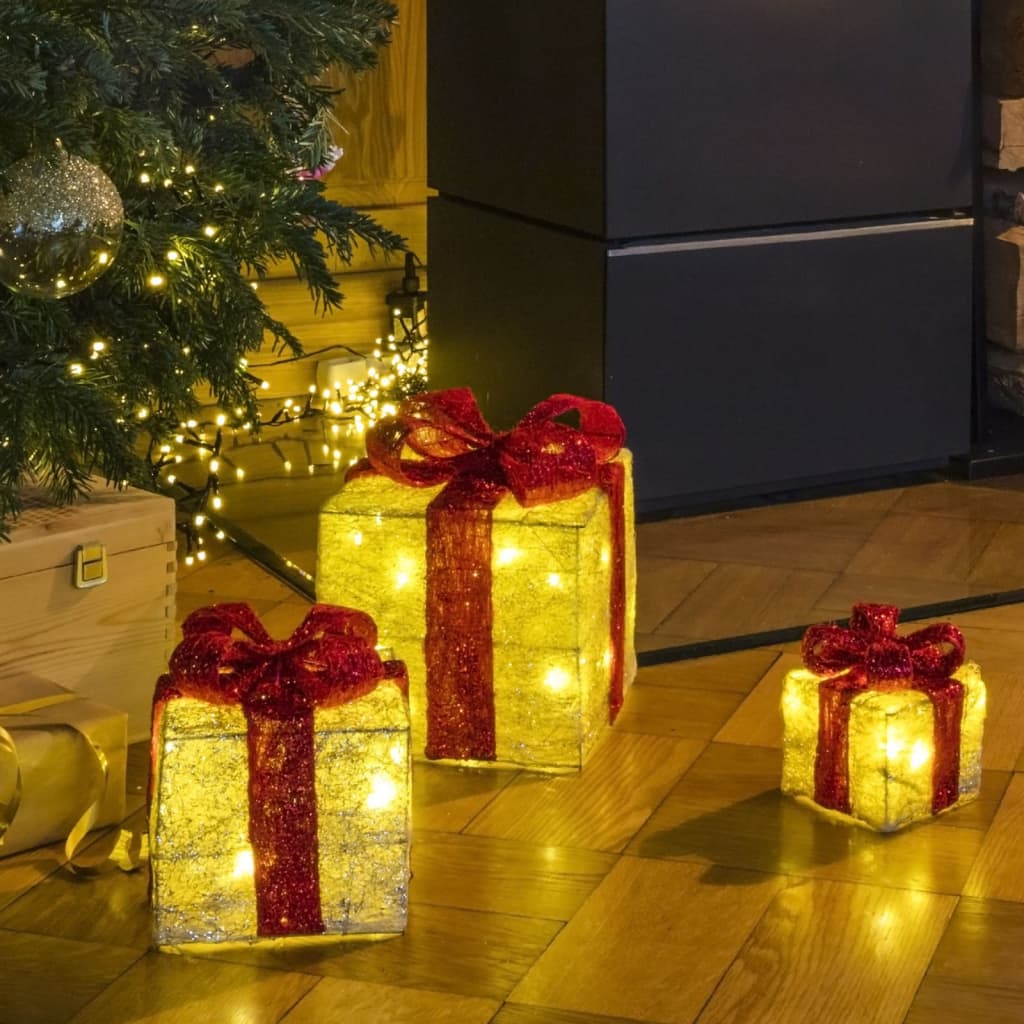 HI Decorazioni Scatole Regalo di Natale con Luci LED e Nastri Rosa 3pz
