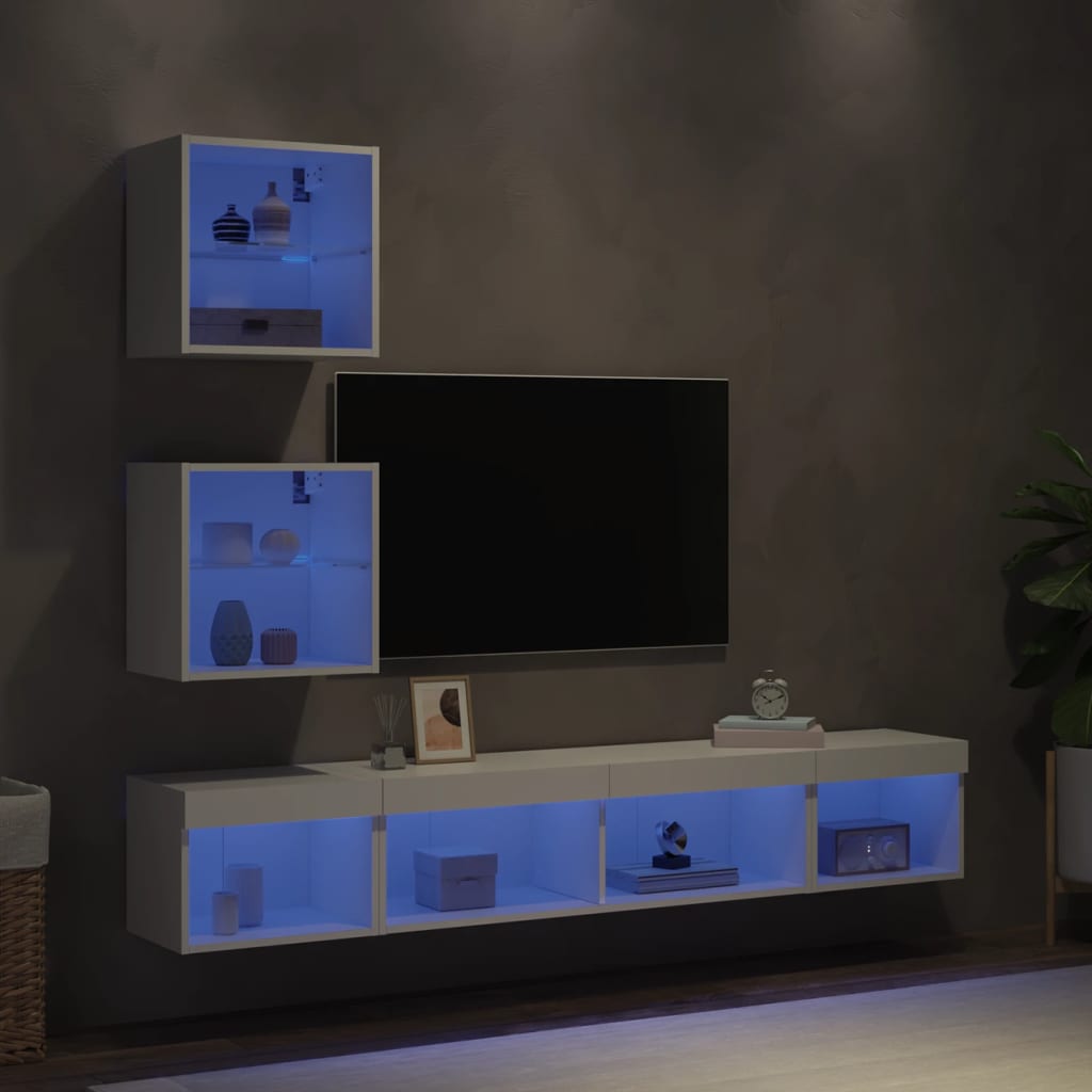 vidaXL Mobili TV a Muro con LED 5pz Bianchi in Legno Multistrato