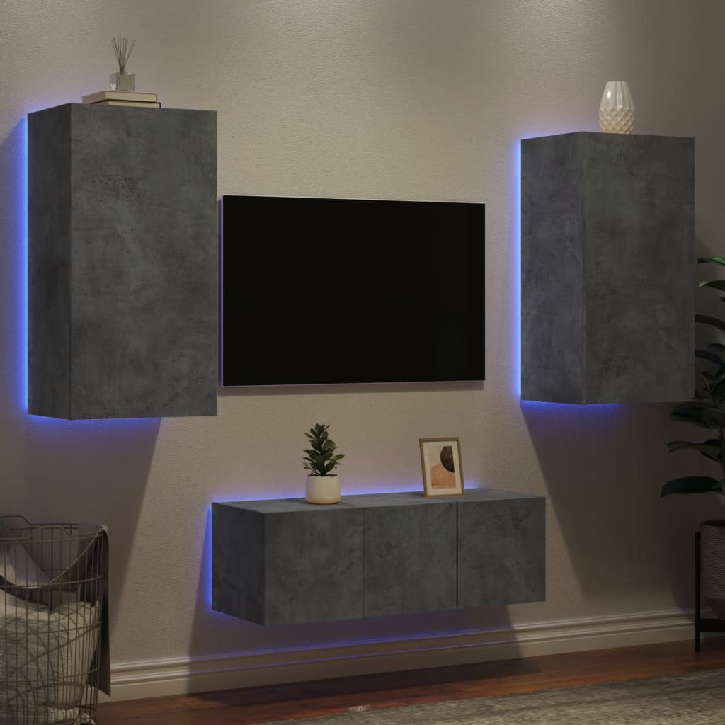 vidaXL Mobili TV a Muro con LED 4pz Grigio Cemento Legno Multistrato
