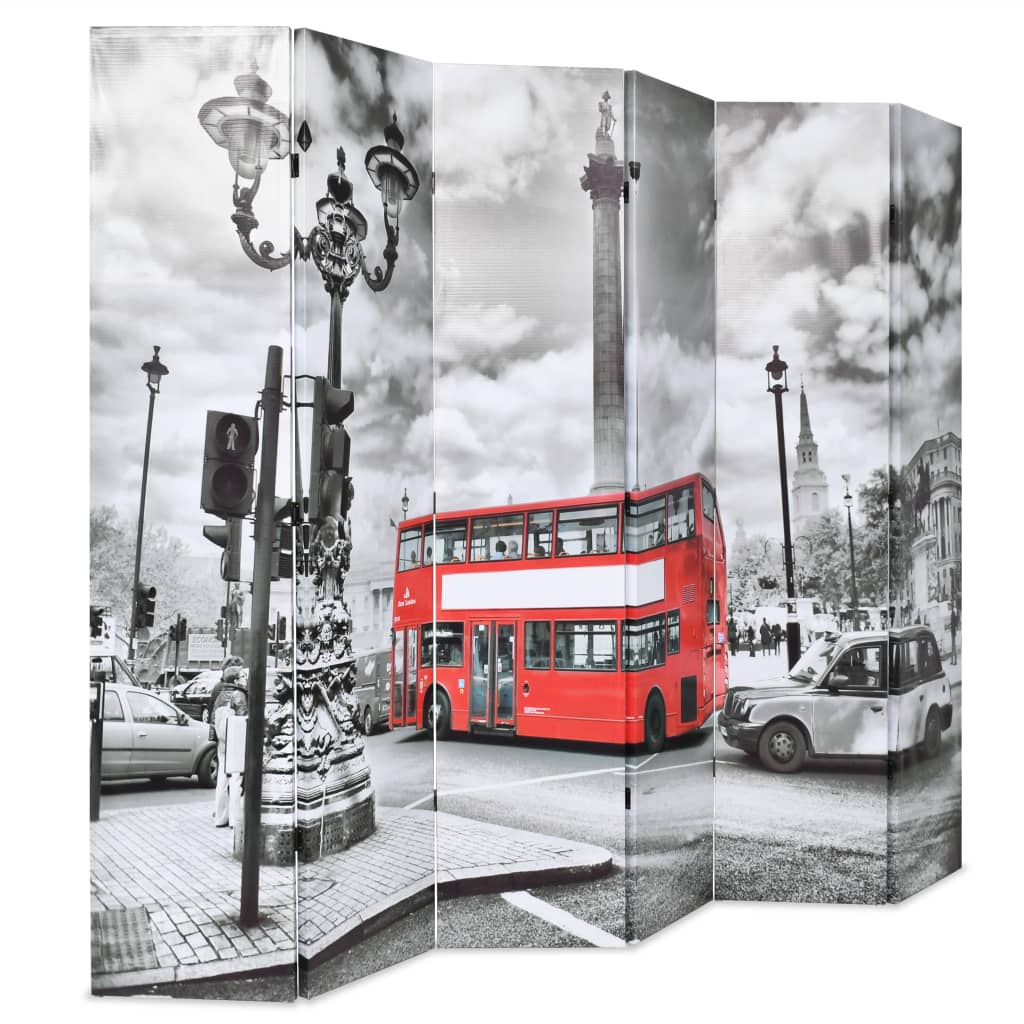 vidaXL Paravento Pieghevole 228x170 cm Stampa Bus Londra Bianco e Nero