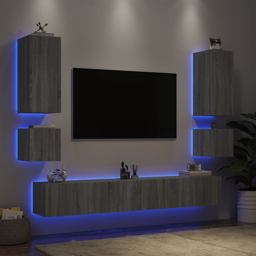 vidaXL Mobili TV a Muro 6pz con Luci LED Grigio Sonoma