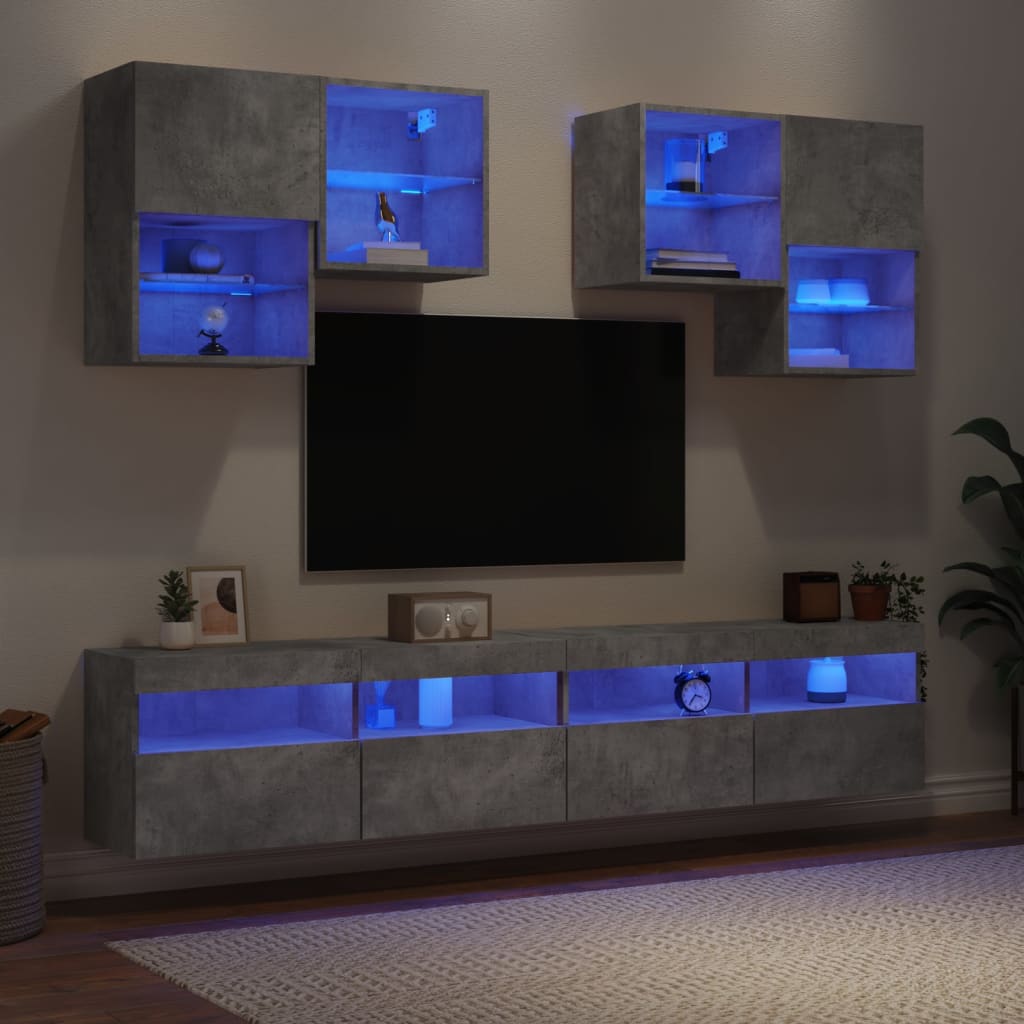 vidaXL Set Mobili TV a Muro 6 pz con Luci LED Grigio Cemento