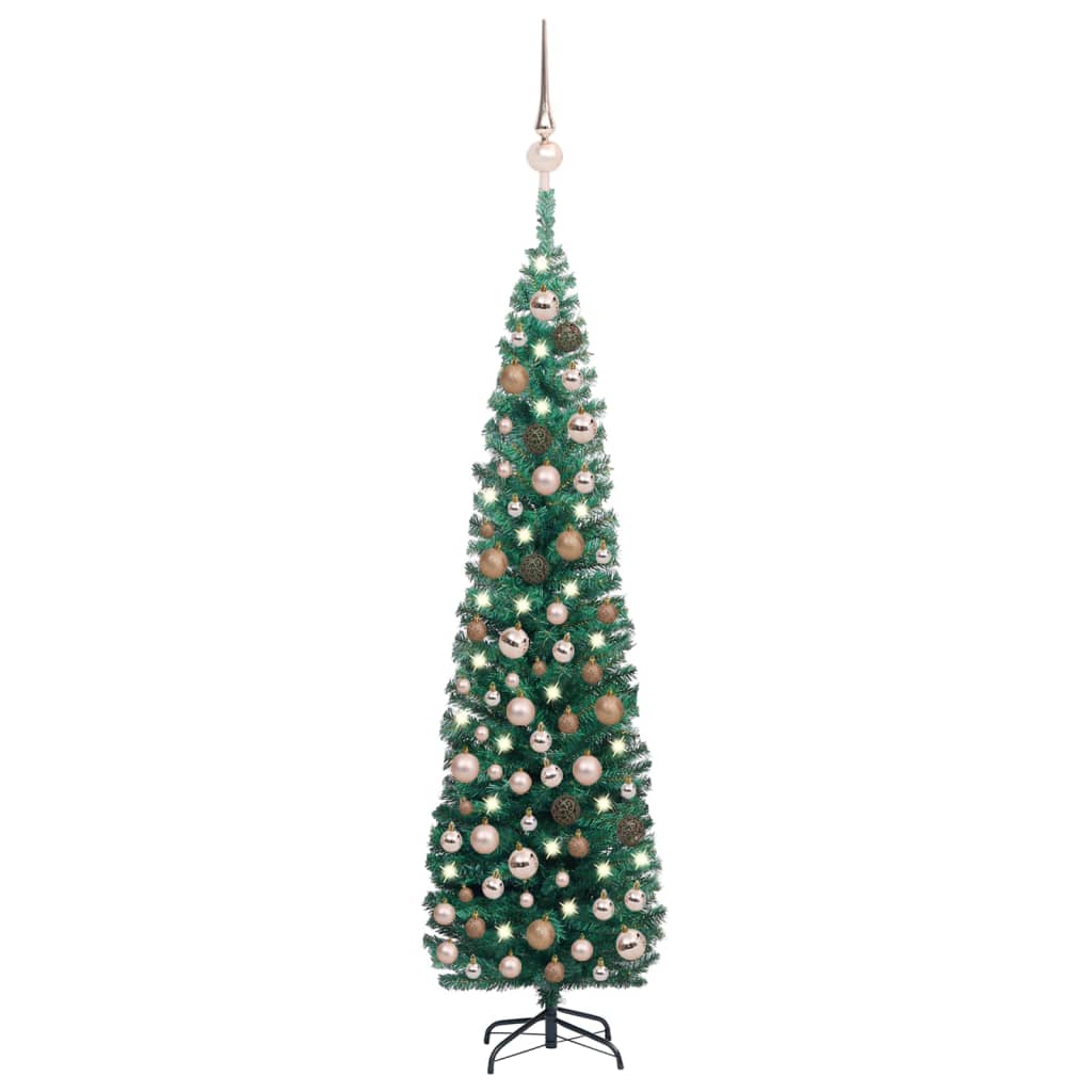 vidaXL Set Albero di Natale Sottile con Luci LED e Palline Verde 210cm