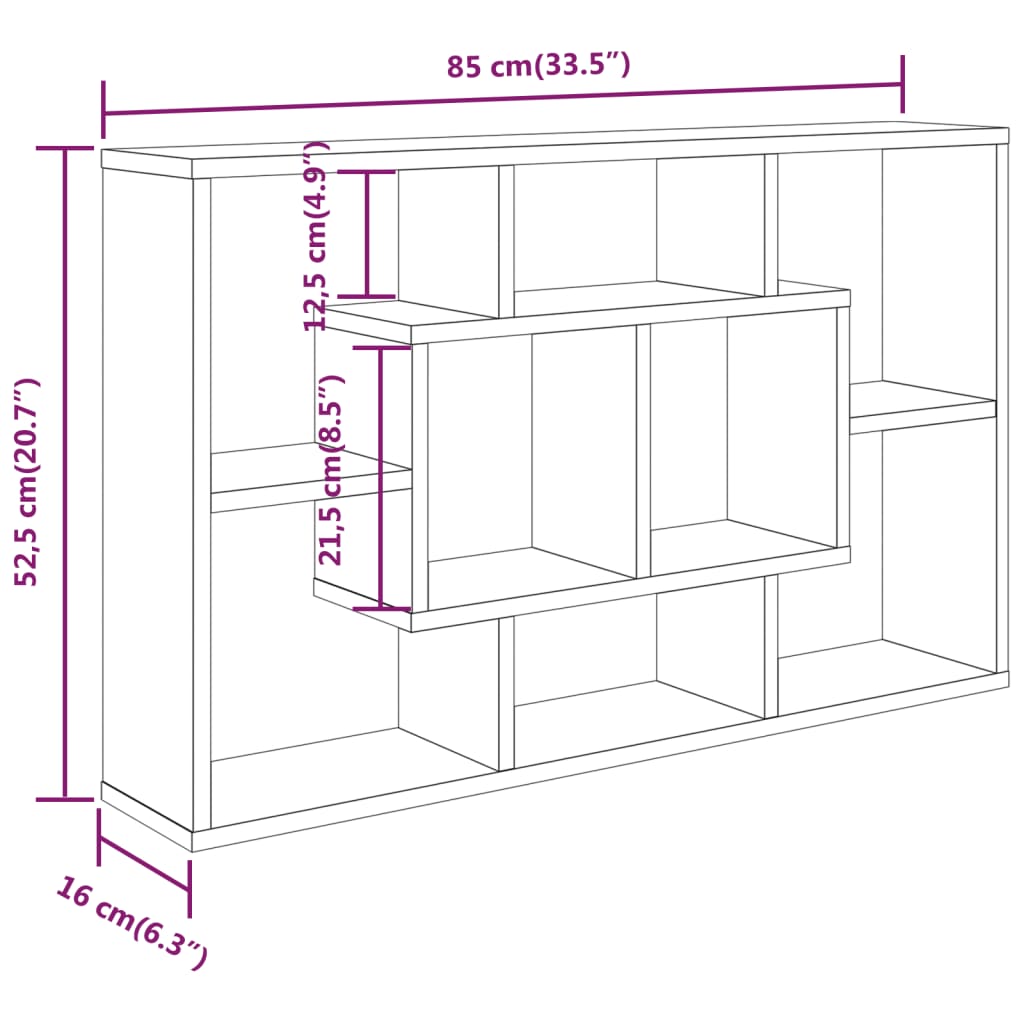 Mensola A Muro VidaXL Rovere Sonoma 85x16x52,5 Cm – In Legno Multistrato, 8 Scomparti, Per Libri E Decorazioni