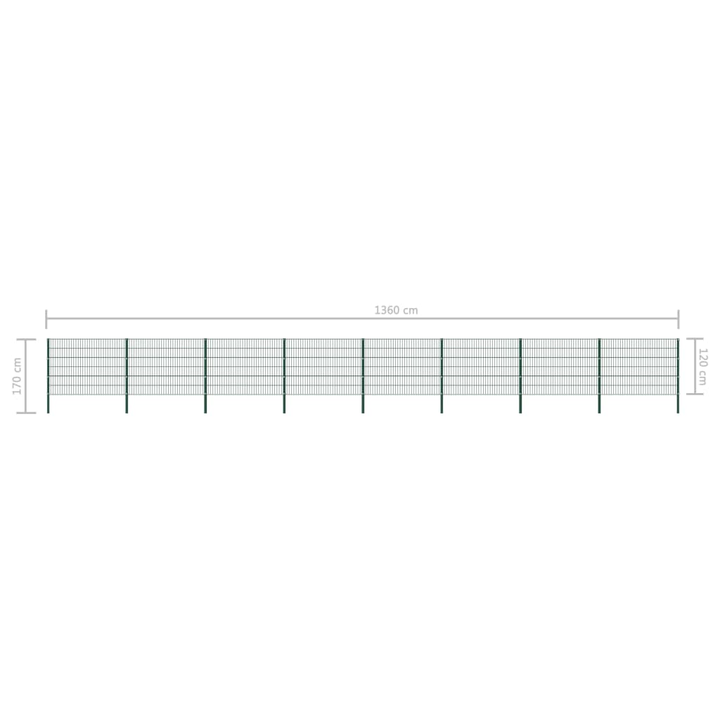 vidaXL Pannello di Recinzione con Pali in Ferro 13,6x1,2 m Verde