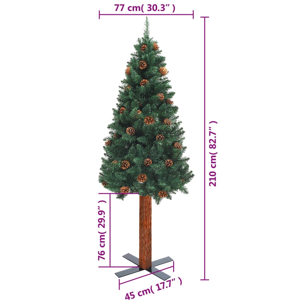 vidaXL Albero di Natale Sottile con Legno Vero e Pigne Verde 210cm PVC