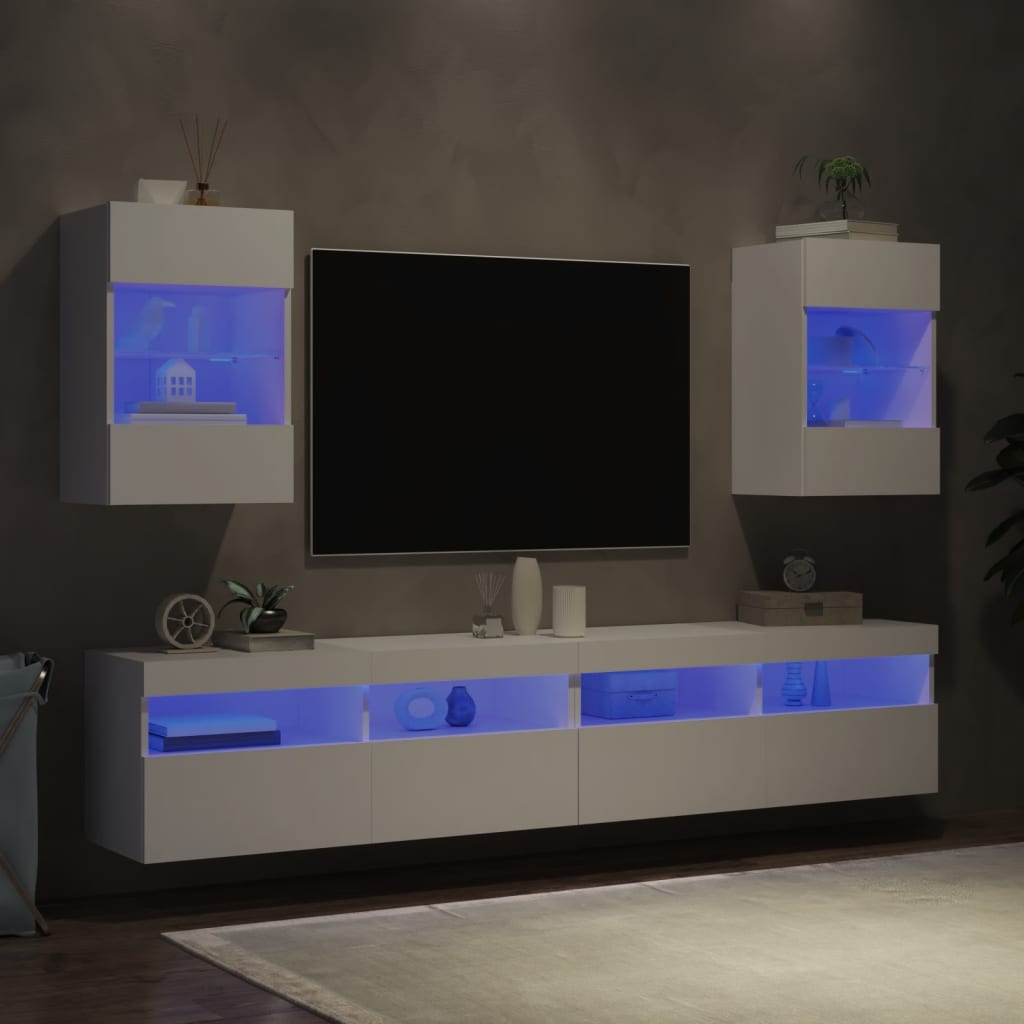 vidaXL Mobili TV a Parete con Luci LED 2pz Bianchi 40x30x60,5 cm