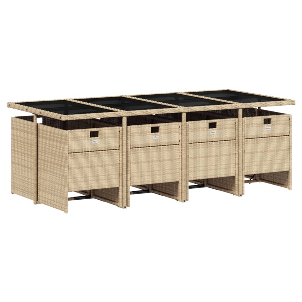 Set Divano Da Giardino VidaXL 9 Pezzi In Polyrattan Beige Con Cuscini – Tavolino Con Piano In Vetro, Resistente Alle Intemperie, Rivestimenti Lavabili