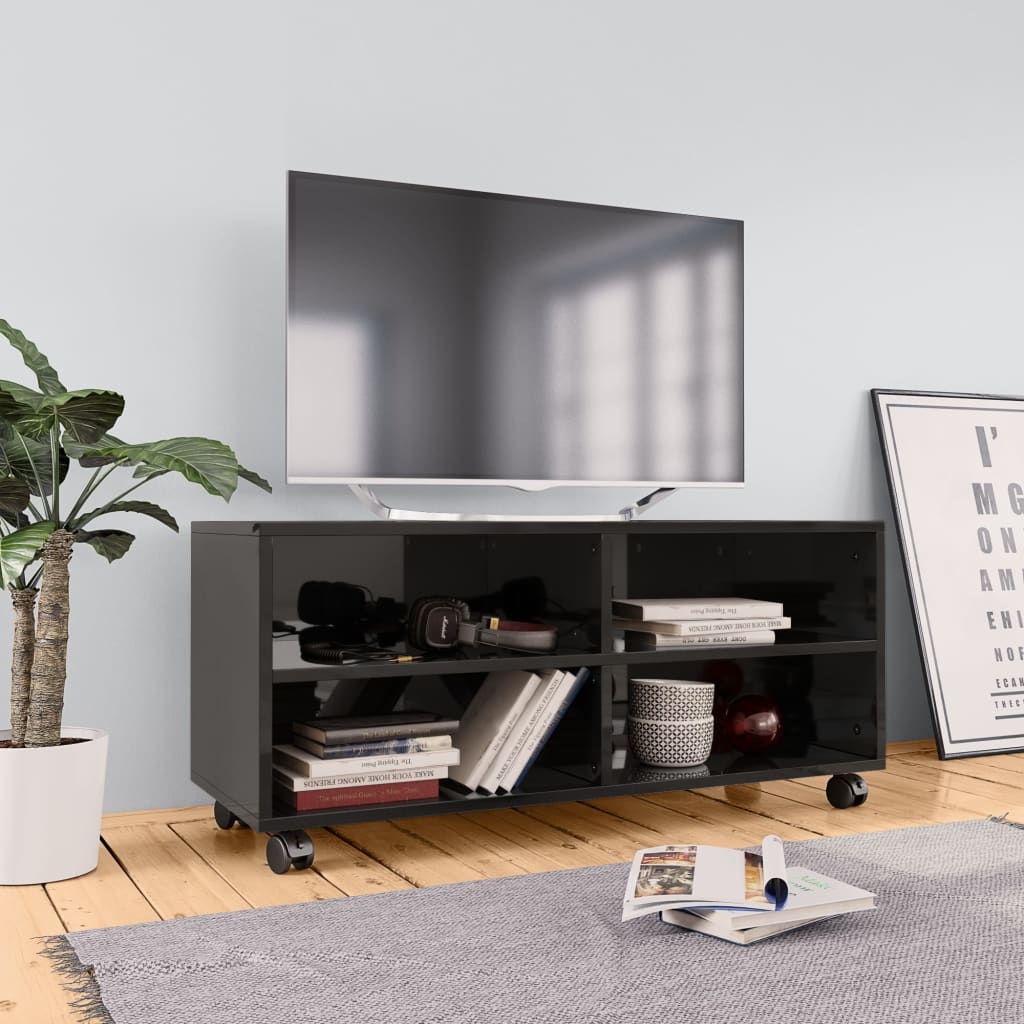 vidaXL Mobile TV con Ruote Nero Lucido 90x35x35 cm Legno Multistrato