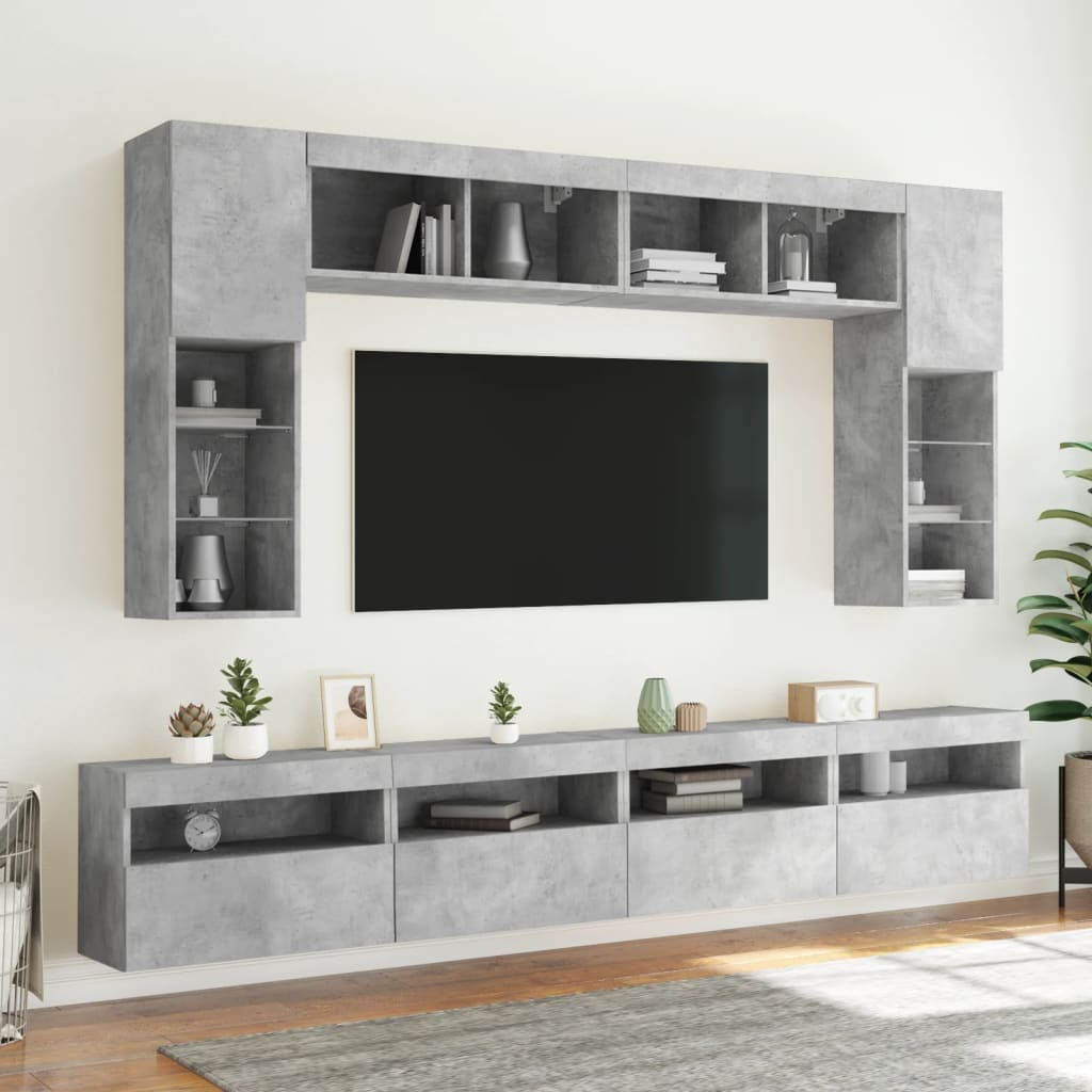 vidaXL Set Mobili TV a Muro 8 pz con Luci LED Grigio Cemento