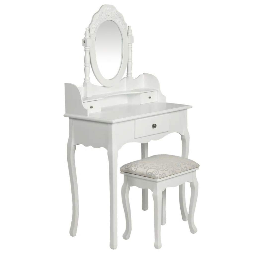 VidaXL Tavolo Da Trucco Specchio Sgabello 7 Cassetti Bianco