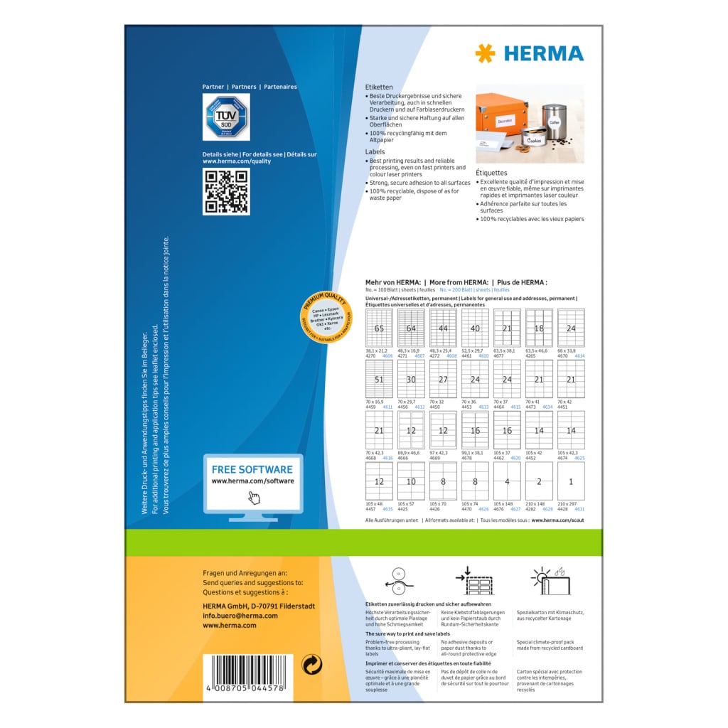 HERMA Etichette Permanenti PREMIUM A4 105x48 mm 100 Fogli