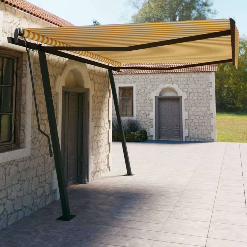 vidaXL Tenda da Sole Retrattile Manuale con Pali 4,5x3 m Gialla Bianca