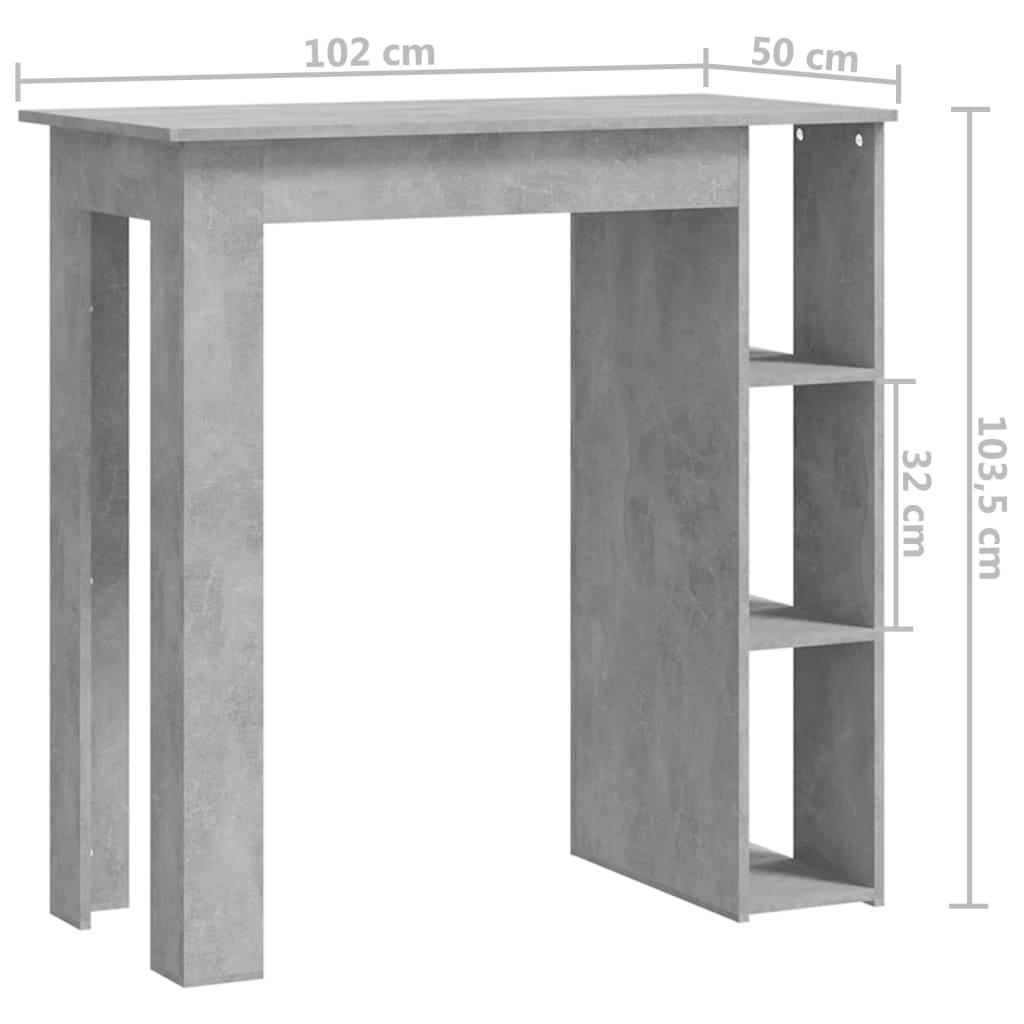 vidaXL Tavolino da Bar con Ripiani Grigio Cemento 102x50x103,5 cm