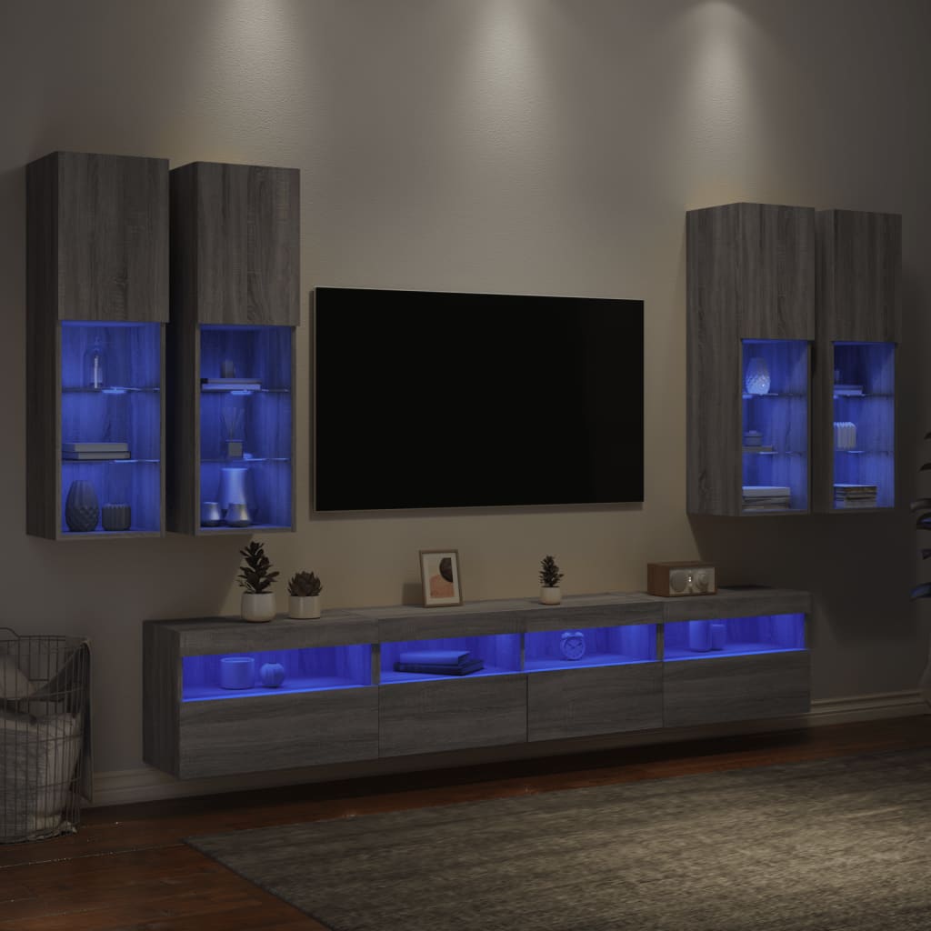 vidaXL Set Mobili TV a Muro 7 pz con Luci LED Grigio Sonoma