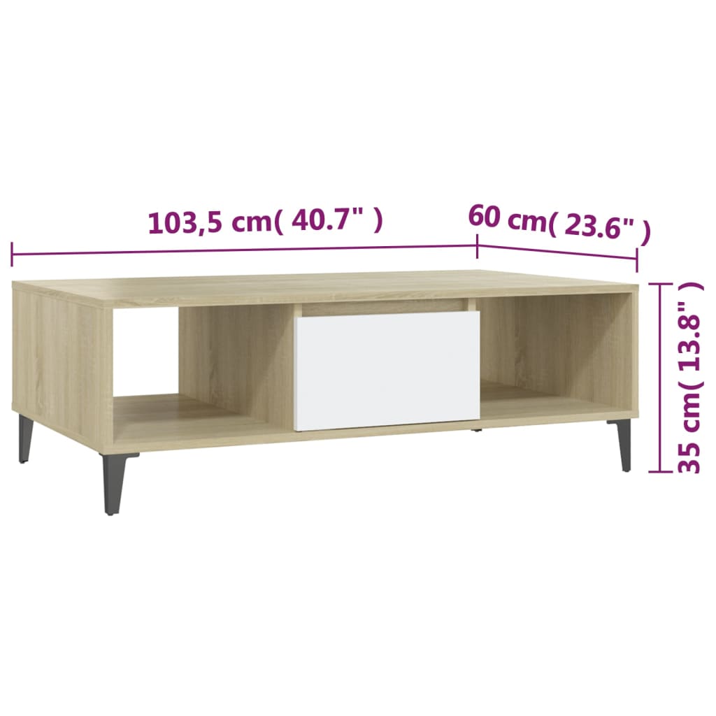 vidaXL Tavolino Salotto Bianco Rovere Sonoma 103,5x60x35cm Multistrato