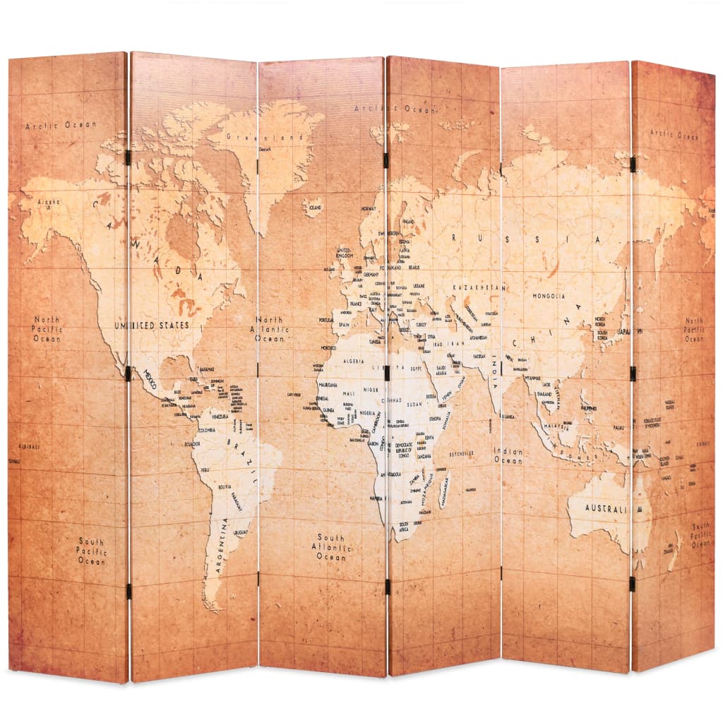 vidaXL Paravento Pieghevole 228x170 cm Stampa Mappa del Mondo Giallo