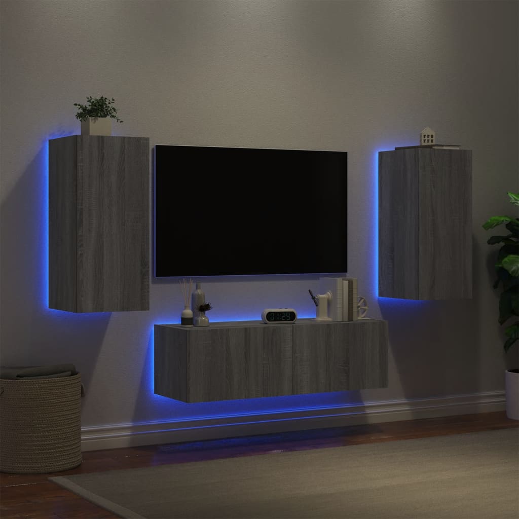 vidaXL Mobili TV a Muro 3pz con Luci LED Grigio Sonoma