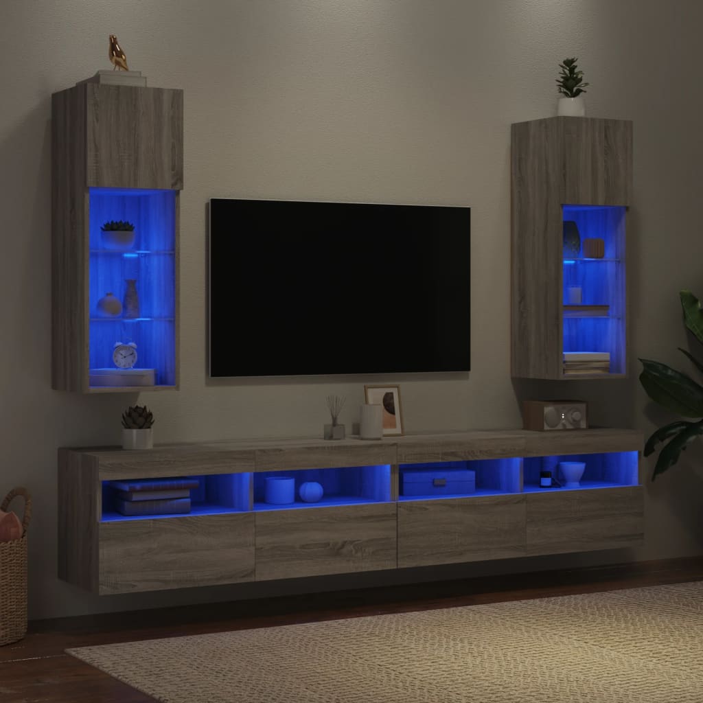 vidaXL Mobili TV con Luci LED 2pz Grigio Sonoma 30,5x30x90 cm