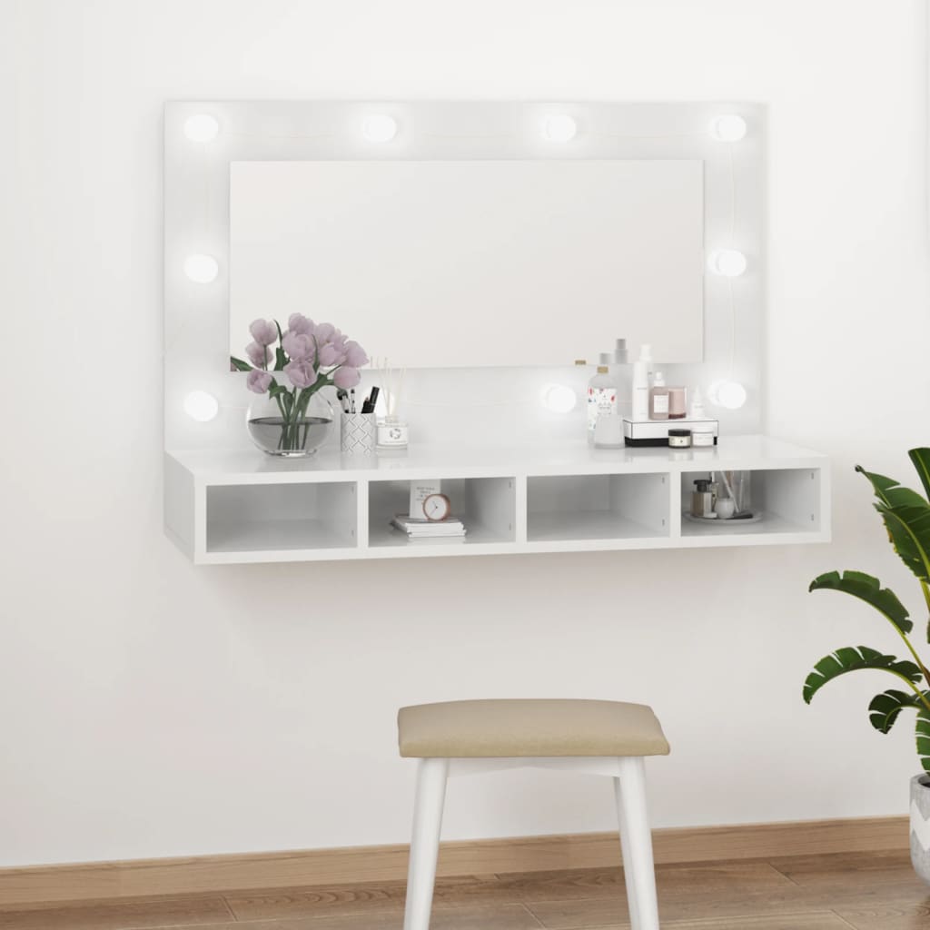 vidaXL Mobile a Specchio con LED Bianco Lucido 90x31,5x62 cm