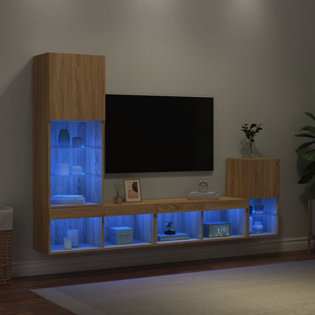 vidaXL Mobili TV a Muro con LED 4pz Rovere Sonoma Legno Multistrato