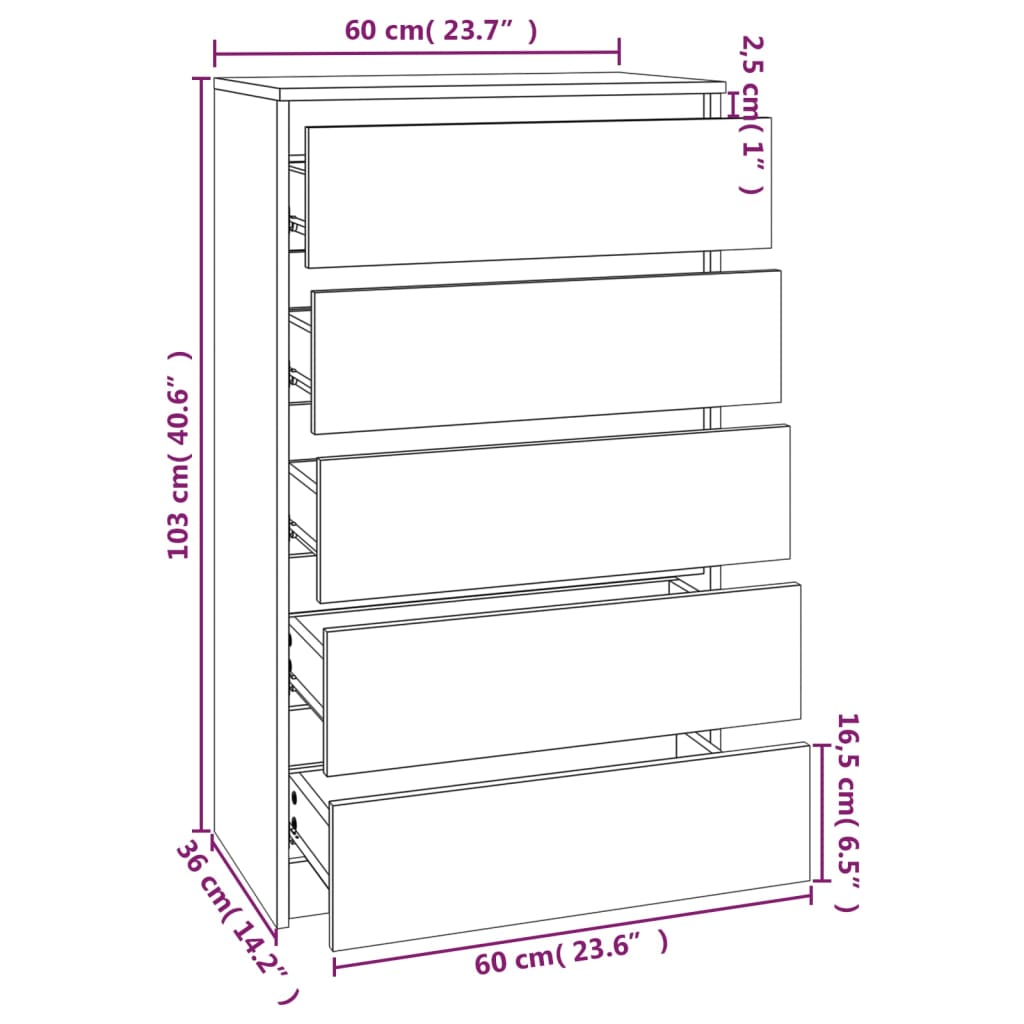 vidaXL Cassettiera Grigio Sonoma 60x36x103 cm in Legno Multistrato