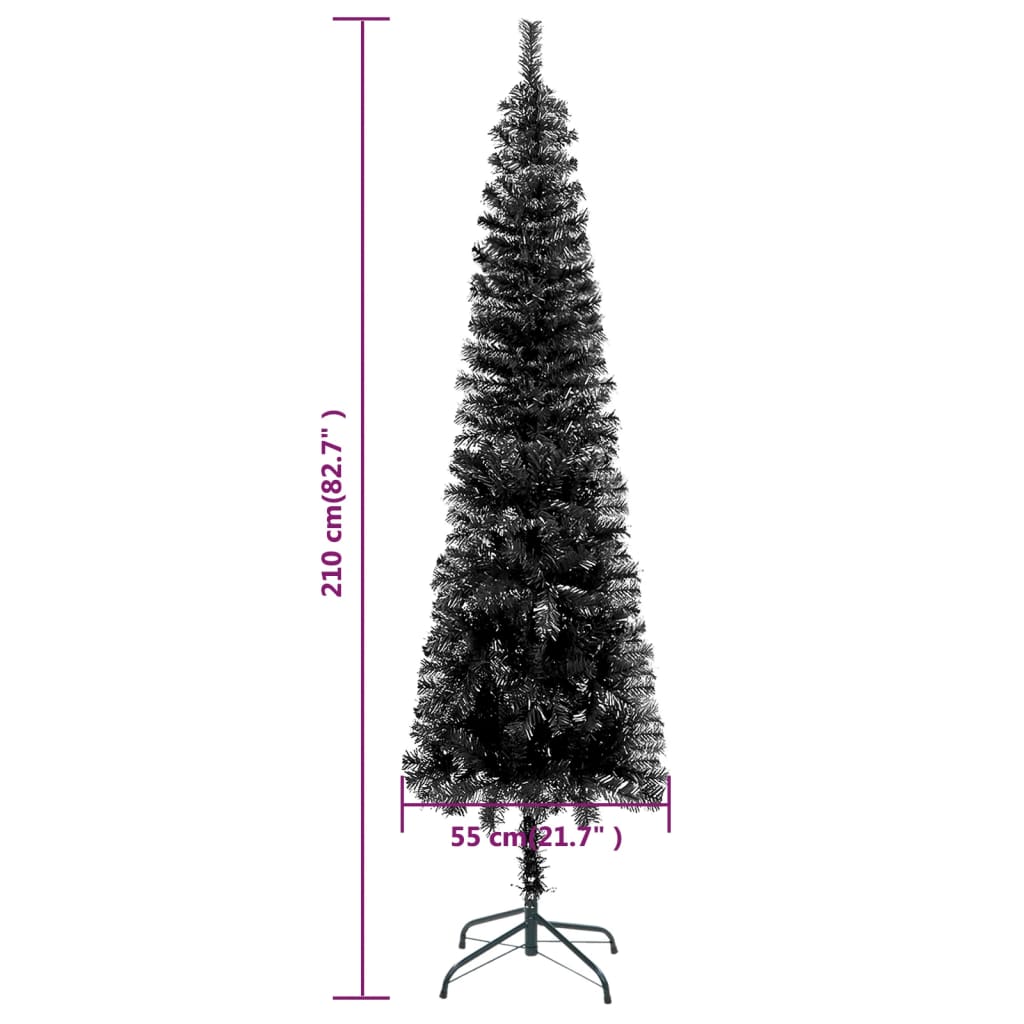 vidaXL Albero di Natale Sottile Preiluminato con Palline Nero 210 cm