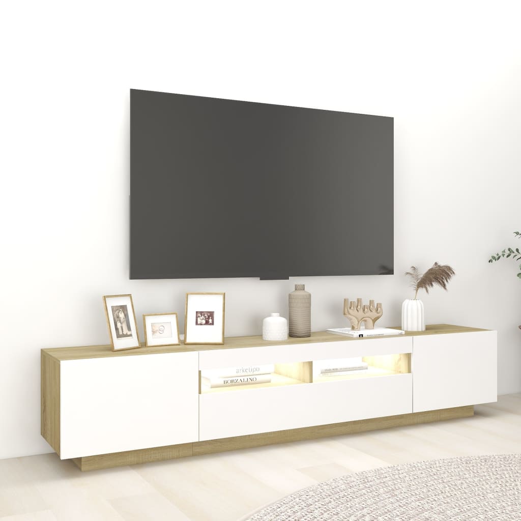 vidaXL Mobile Porta TV con Luci LED Bianco e Rovere Sonoma 200x35x40cm