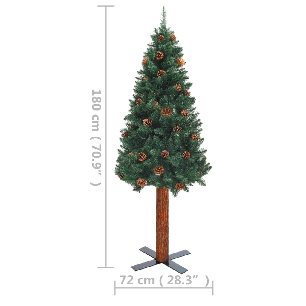 vidaXL Albero di Natale Sottile con Legno Vero e Pigne Verde 180 cm