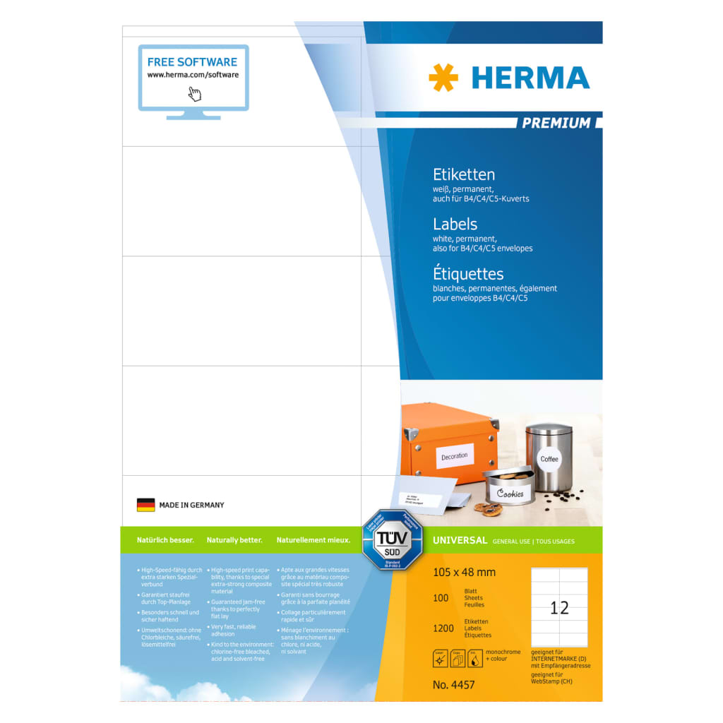 HERMA Etichette Permanenti PREMIUM A4 105x48 mm 100 Fogli