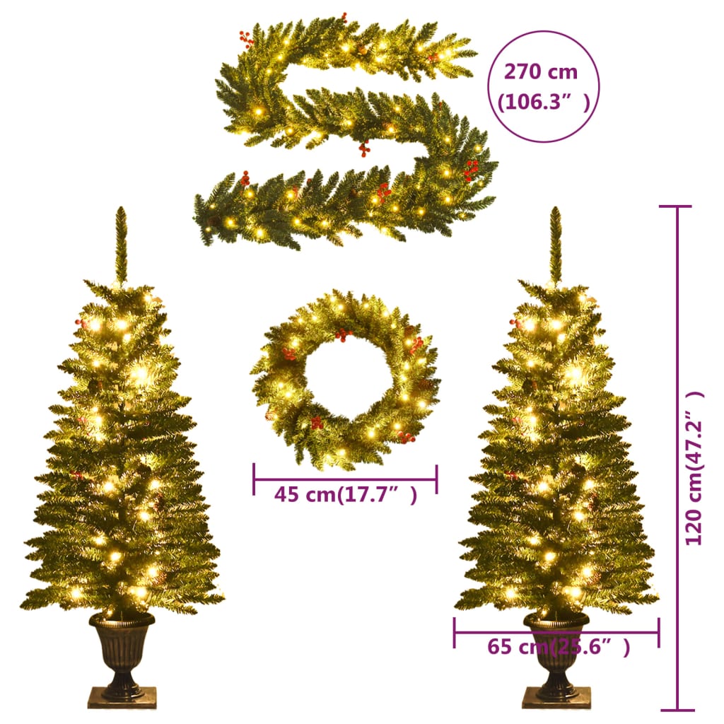 vidaXL Alberi di Natale Artificiali 2 pz con Corona, Ghirlanda e LED