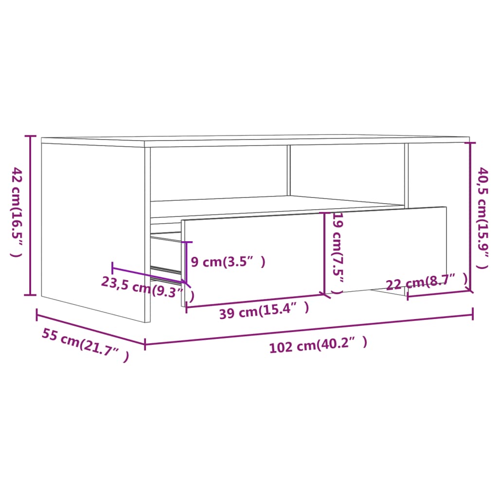 vidaXL Tavolino da Salotto Bianco 102x55x42 cm in Legno Multistrato
