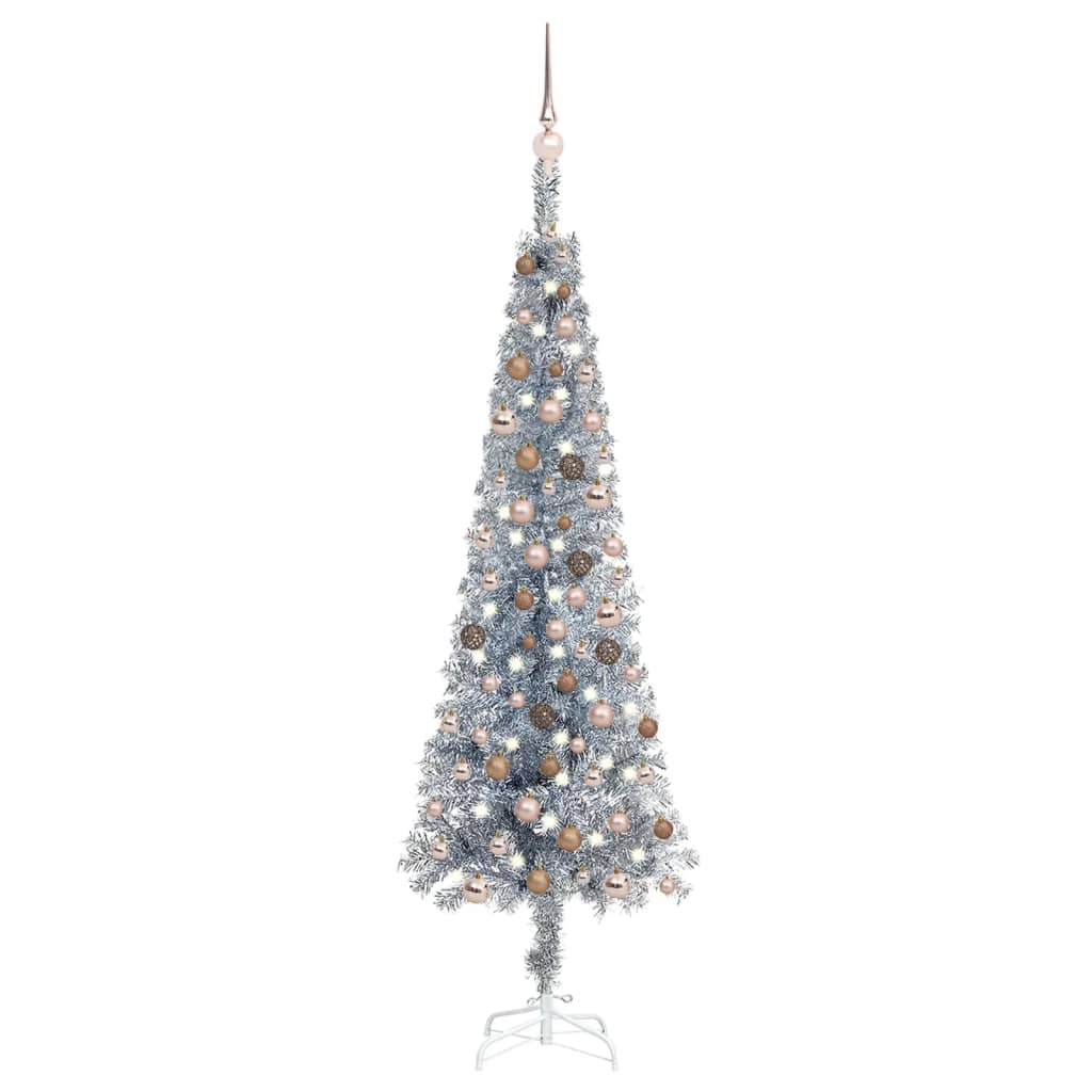 vidaXL Set Albero Natale Sottile con Luci LED e Palline Argento 180cm