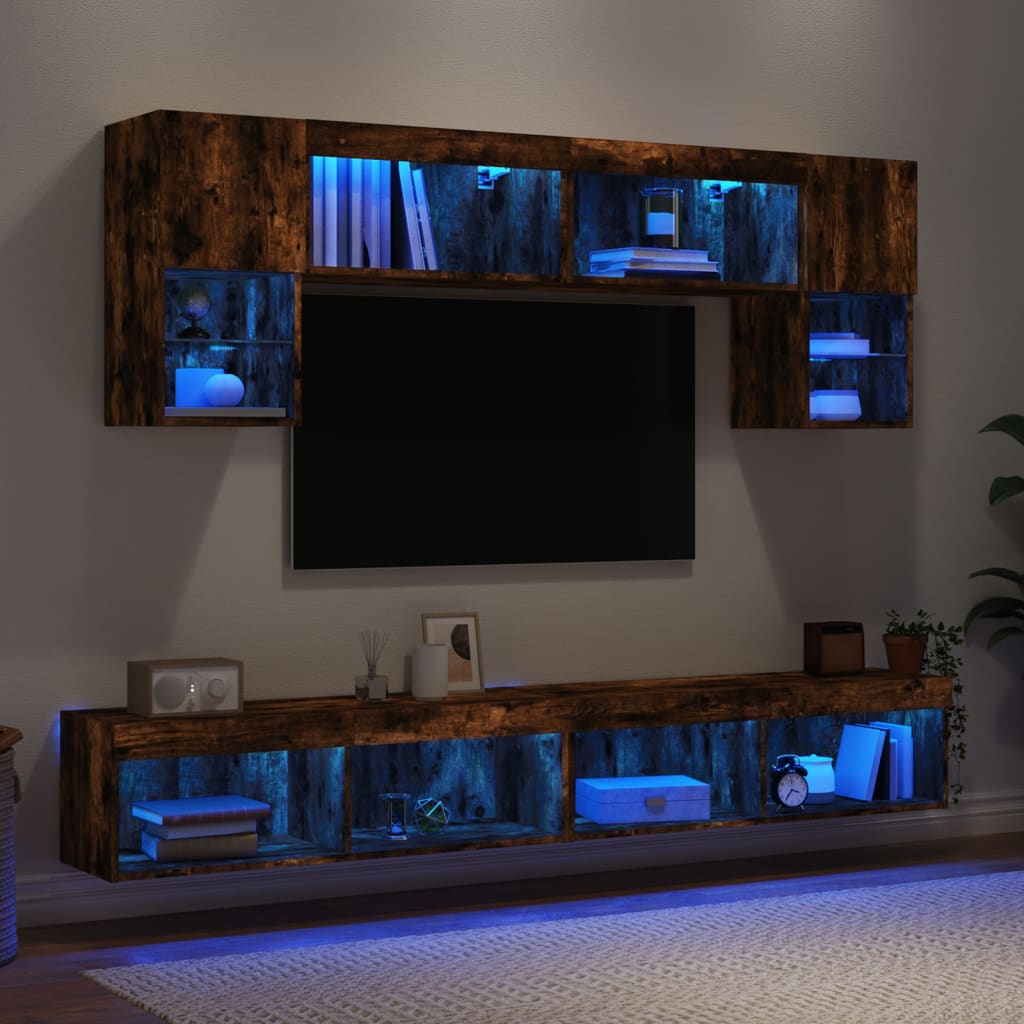 vidaXL Mobili TV a Muro con LED 6pz Rovere Fumo in Legno Multistrato