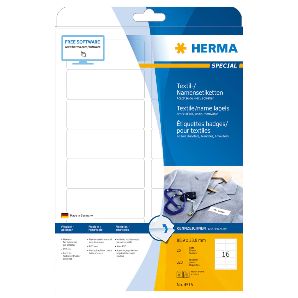 HERMA Etichette Rimovibili per Tessuti A4 88,9x33,8 mm 20 Fogli